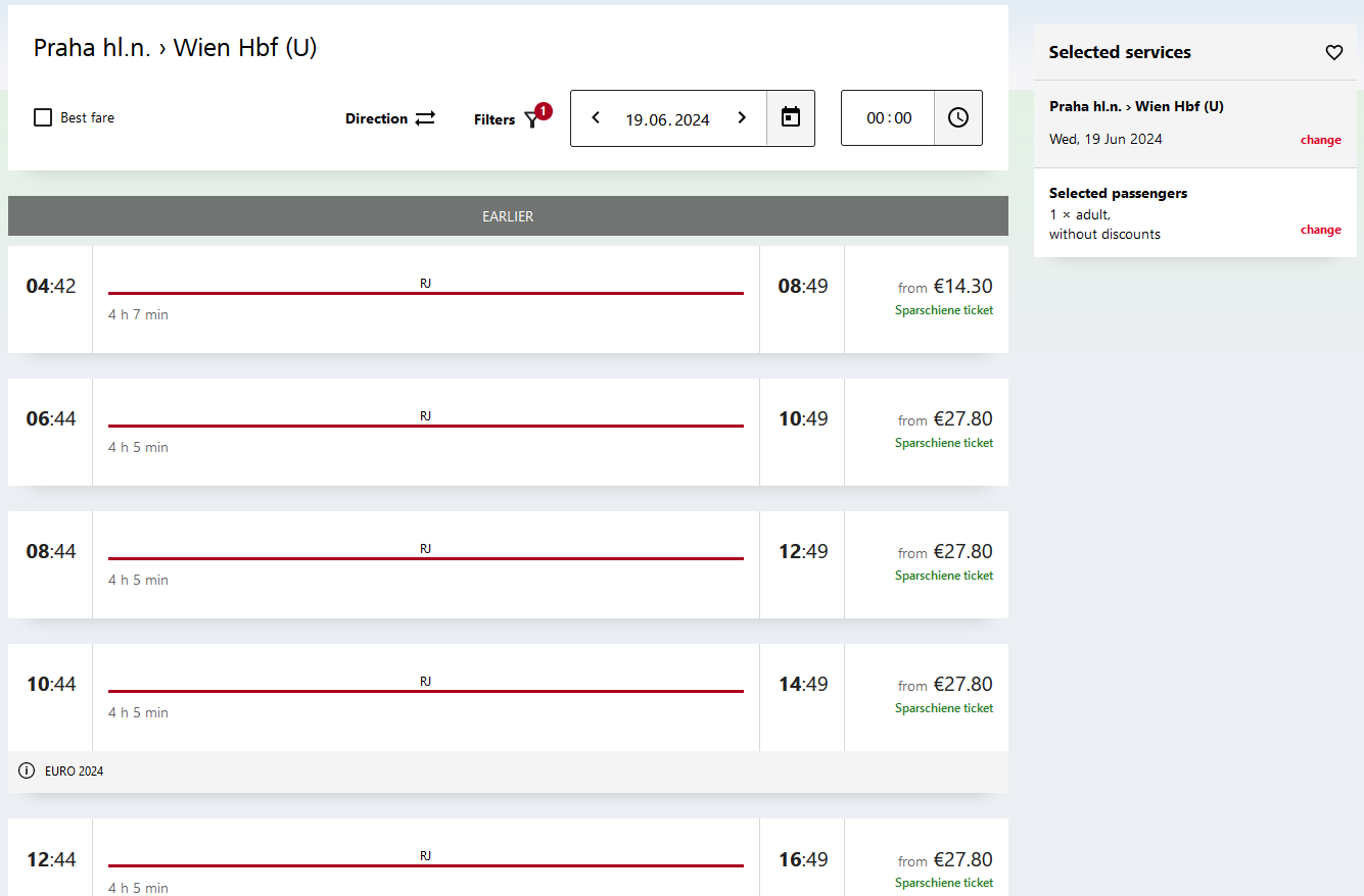 Prague to Vienna train schedule