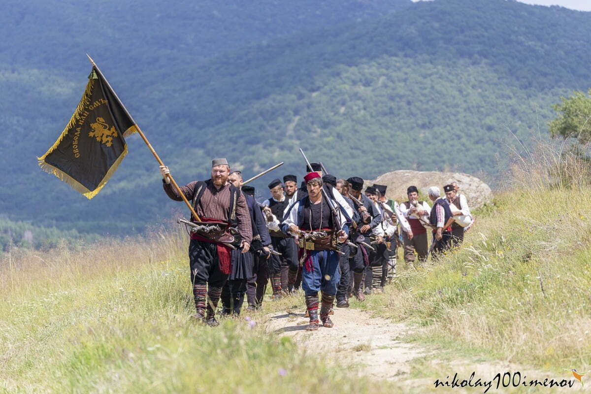 HISARYA, BULGARIA - JUNE 22, 2019 - Man reenact the peasant infantry fighters called haiduti during the festival Hajdut Gencho in Hisarya city in Bulgaria