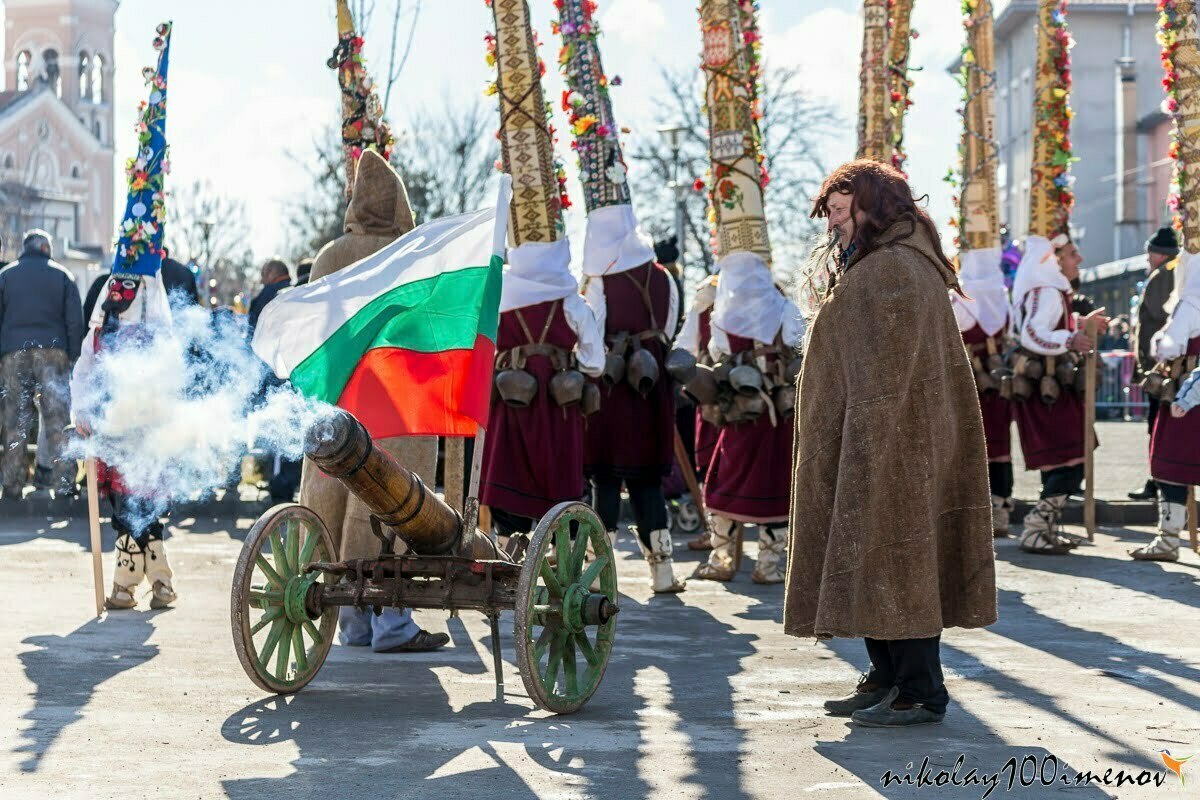 RAKOVSKI, BULGARIA - FEBRUARY 06, 2015 - Kukeri festival in Rakovski, Bulgaria. People dressed in different costumes dance and preform rituals to scare the evel spirits.