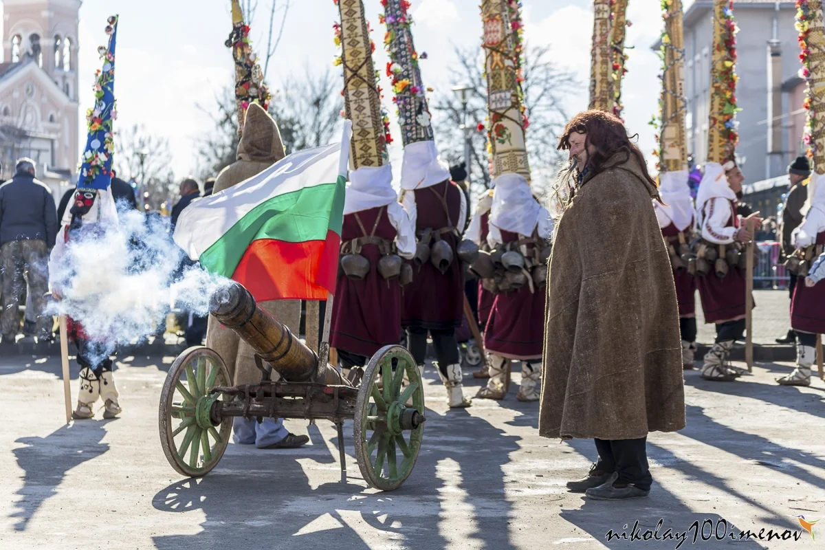 RAKOVSKI, BULGARIA - FEBRUARY 06, 2015 - Kukeri festival in Rakovski, Bulgaria. People dressed in different costumes dance and preform rituals to scare the evel spirits.