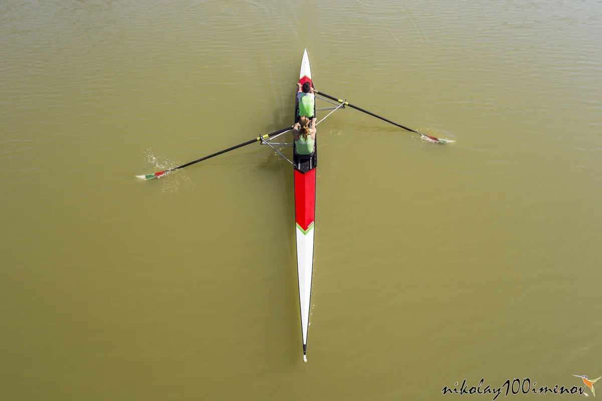 PLOVDIV, BULGARIA - AUGUST 20, 2016 - Aerial view of two person team kayaking on the regatta course in Plovdiv, Bulgaria.